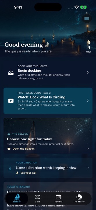 MindQuay Harbor with separate buttons for docking, the first-week guide, Beacon, and today's reading