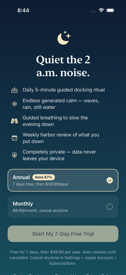 MindQuay subscription screen showing annual and monthly plans