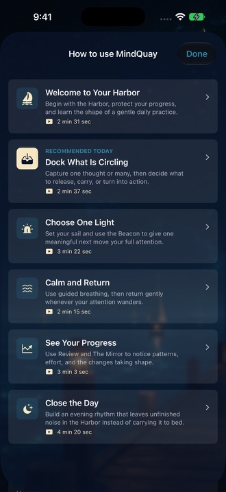 MindQuay first-week guide with six short lessons