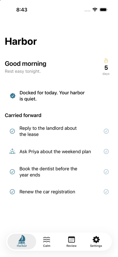 MindQuay home screen showing the harbor, current streak, and carried-forward thoughts