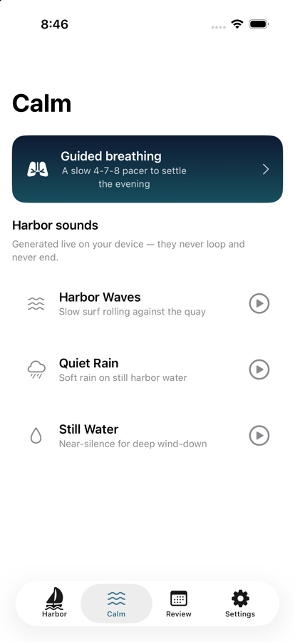 MindQuay soundscapes screen with Harbor Waves, Quiet Rain, and Still Water