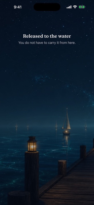 A released thought dissolving into the cosmic harbor water