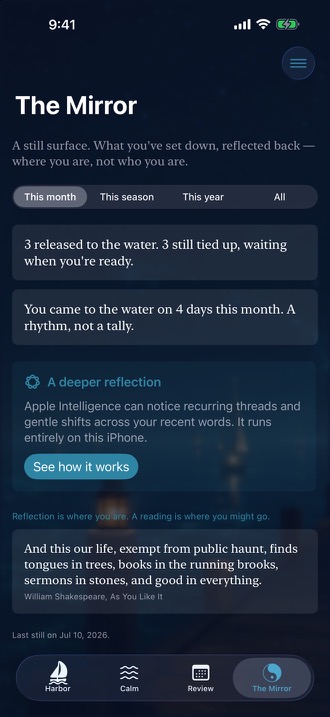 The MindQuay Mirror with structured reflection and an optional Apple Intelligence invitation